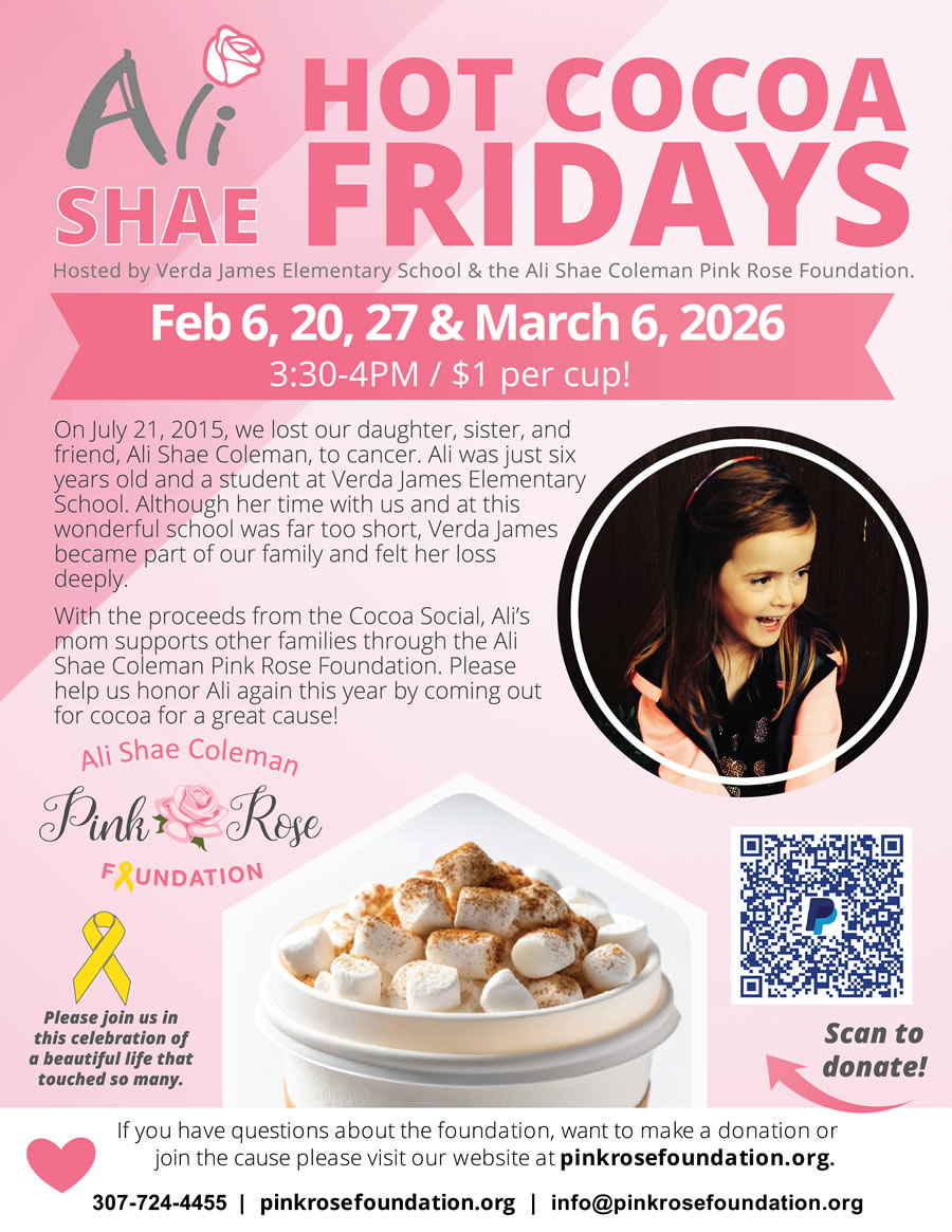 Hot Cocoa Fridays fundraiser flyer for the Ali Shae Coleman Pink Rose Foundation at Verda James Elementary